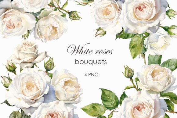 Download Watercolor White Roses Bouquets PNG - White Collection