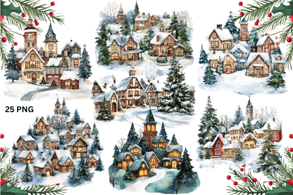 Download Christmas Village Watercolor Bundle - Christmas Collection