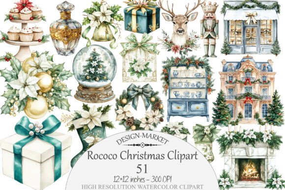 Download Watercolor Rococo Christmas Clipart - Christmas Collection
