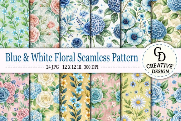 Download Blue &amp; White Floral Seamless Pattern - White Collection