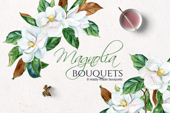 Download White Watercolor Magnolia Bouquets - White Collection