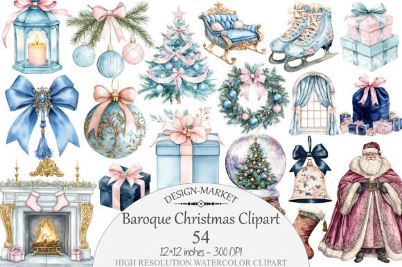 Download Watercolor Baroque Christmas Clipart - Christmas Collection