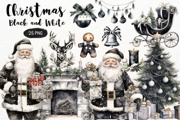 Download Christmas Black and White Watercolor PNG - White Collection