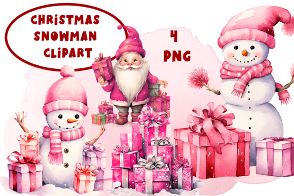 Download Pink Christmas in Snowman and Gifts Png - Christmas Collection