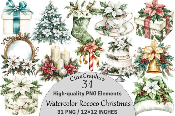 Download Watercolor Rococo Christmas Clipart. - Christmas Collection